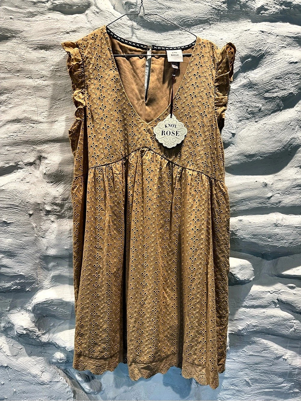 NWT Knox Rose Eyelet Flutter-Sleeve Babydoll Dress Mini Dress Mustard Yellow Med